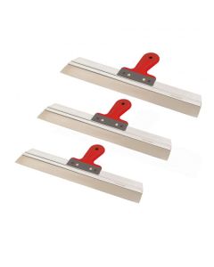 Professional stainless steel taping and smoothing knife reinforced with a durable aluminum backing and an ergonomic bi-material handle.