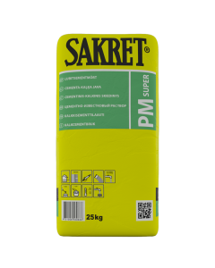 SAKRET PM Super gray lime-cement mortar being applied for masonry and plastering in a moisture-prone indoor environment.