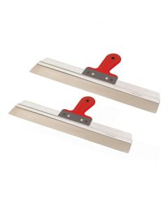 Professional L'Outil Parfait stainless steel taping knife featuring a rounded-edge blade, aluminum reinforcement, and an ergonomic bi-material handle for smooth, track-free drywall finishing.