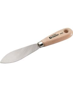 Professional bay leaf shape putty knife from xbau, featuring a varnished hardened steel blade and a sustainable PEFC-certified beechwood handle with a nickel-plated ferrule.