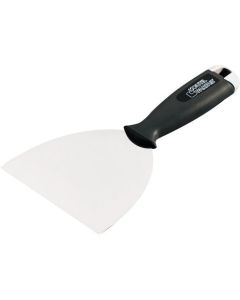 Professional xbau flexible blade knife featuring a mirror-polished tempered stainless steel blade and an ergonomic bi-material handle, ideal for finishing coatings and decorative effects.