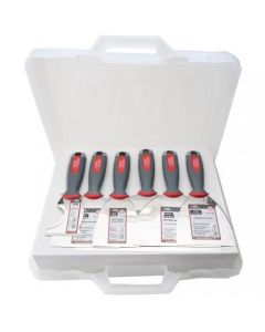 Professional 6-piece Alu-shock taping knife case from xbau, including five tempered stainless steel knives (8 cm to 25 cm) and a multi-use scraper with bi-material handles for plasterboard finishing.