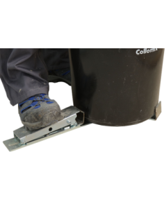 MIX GRIP telescopic clamping device with foot treadle securing a mixing bucket to the floor to prevent spinning and material splashes