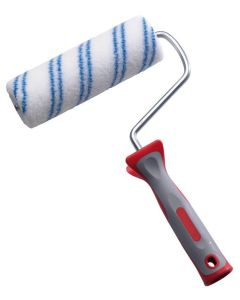 Professional 180 mm roller with frame from xbau, featuring a 5/6 mm textured polyamide fabric sleeve and a bi-material handle for satin finishes in kitchens and bathrooms.