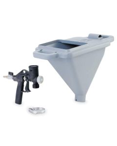 Professional lightweight airless texture gun with a 5.7-liter angled hopper, double handles, and four interchangeable nozzles for acoustic renders and stucco.