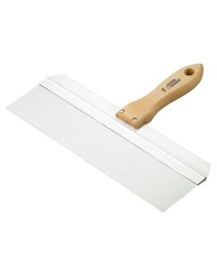 Professional taping knife with a stainless steel blade, aluminum reinforcement, and a riveted wooden handle for plaster plate coating, available at xbau.