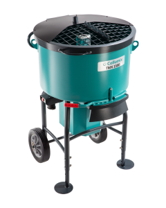 TMX 1500 forced-action mixer with 120-liter capacity, featuring hard rubber wheels and a bottom slidegate for high-volume mortar and screed mixing