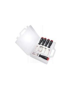 Professional 5-piece taping knife set from xbau, featuring stainless steel blades in sizes 8, 10, 12, 15, and 25 cm, all with ergonomic polypropylene handles and a protective carrying case.