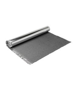 A cross-section view of the Warmup Insulated Underlay showing the 6mm thin polystyrene core and the reflective foil backing installed beneath a foil heating system to prevent heat loss.