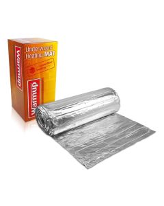 Professional installation of the Warmup Foil Floor Heating system, showing the ultra-thin aluminum foil mat being laid directly under a floating laminate floor for a seamless radiant heat solution.