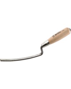 Professional tuck pointing trowel featuring a stiff curved tempered steel blade and a PEFC-certified natural wooden handle with a nickel-plated ferrule, available at xbau.