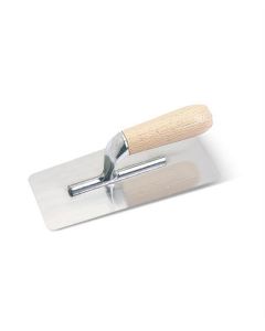 Stiff polished stainless steel trowel with round edges, long aluminium frame and wooden handle