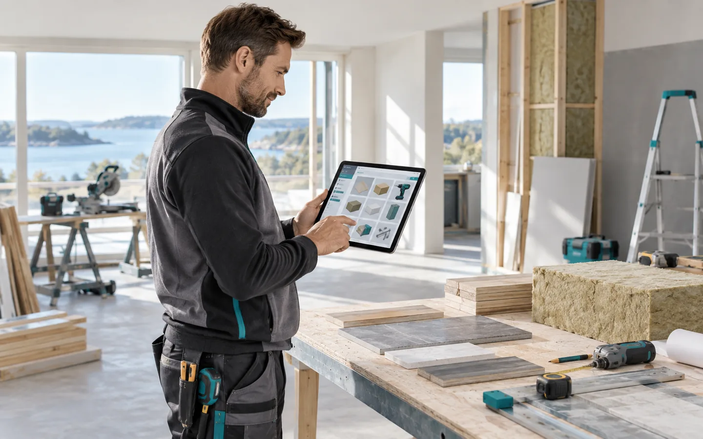 Construction professional comparing building materials online at a project site