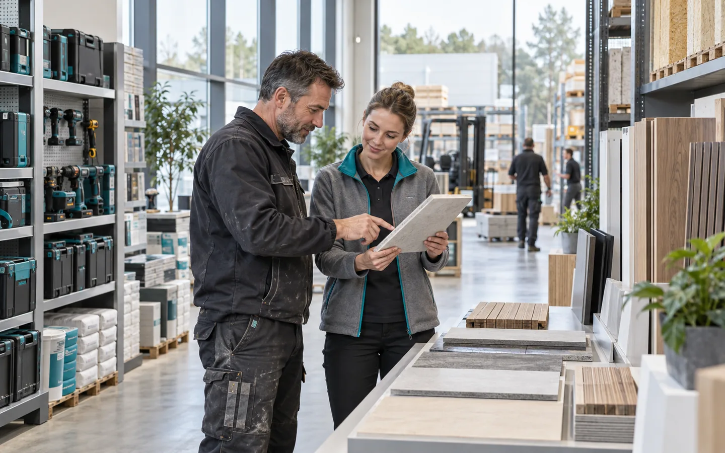Customer and specialist selecting building materials in a modern Xbau showroom